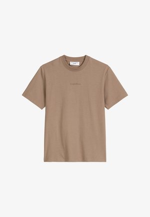 T-shirt met korte mouwen in lichtbruin katoen, met een ronde halslijn en subtiel geborduurd logo op de borst. Zachte textuur, comfortabele pasvorm.