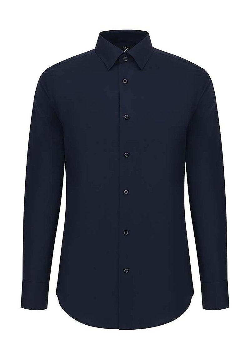 Granatowa koszula z długim rękawem uszyta z gładkiego materiału. Posiada kołnierzyk zapinany na guziki, guziki z przodu, dopasowany krój i zaokrąglony dół.