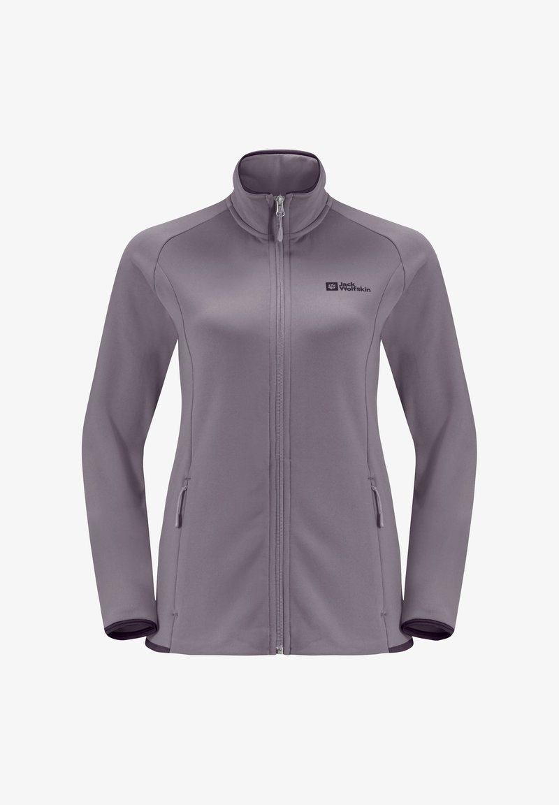 Veste en polaire violette avec col haut, fermeture éclair à l'avant et poches latérales. Présente une texture lisse et un branding subtil sur la poitrine.