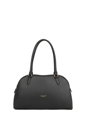 Sac à main en cuir noir de forme arrondie, deux longues anses et petit logo doré "Lancaster Paris" centré à l'avant.