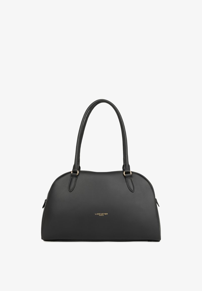 Sac à main en cuir noir de forme arrondie, deux longues anses et petit logo doré "Lancaster Paris" centré à l'avant.