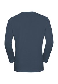 Chemise à manches longues bleu marine à col rond vue de dos, avec un ourlet droit et un tissu uni.