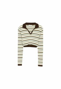 Paski crop top z długimi rękawami, z dekoltem w kształcie litery V i brązowymi akcentami. Kolory to niebieski, kremowy i brązowe poziome paski.