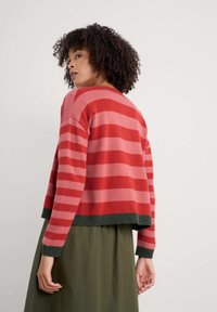 Röd och rosa randig tröja med grön ribbad detaljer, kortantal och långa ärmar. Den mjuka texturen och den lösa passformen framhäver en avslappnad stil.