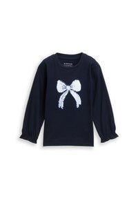 Marineblaues Langarmshirt mit einem weißen Paillettenbogen-Design auf der Vorderseite; weicher Stoff mit gerafften Ärmeln an den Handgelenken.