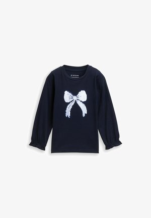 Marineblauwe long-sleeve shirt met een wit sequined strikontwerp op de voorkant; zachte stof met gathered mouwen bij de polsen.