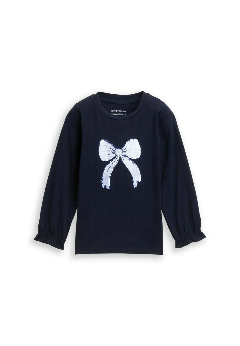 Marineblaues Langarmshirt mit einem weißen Paillettenbogen-Design auf der Vorderseite; weicher Stoff mit gerafften Ärmeln an den Handgelenken.