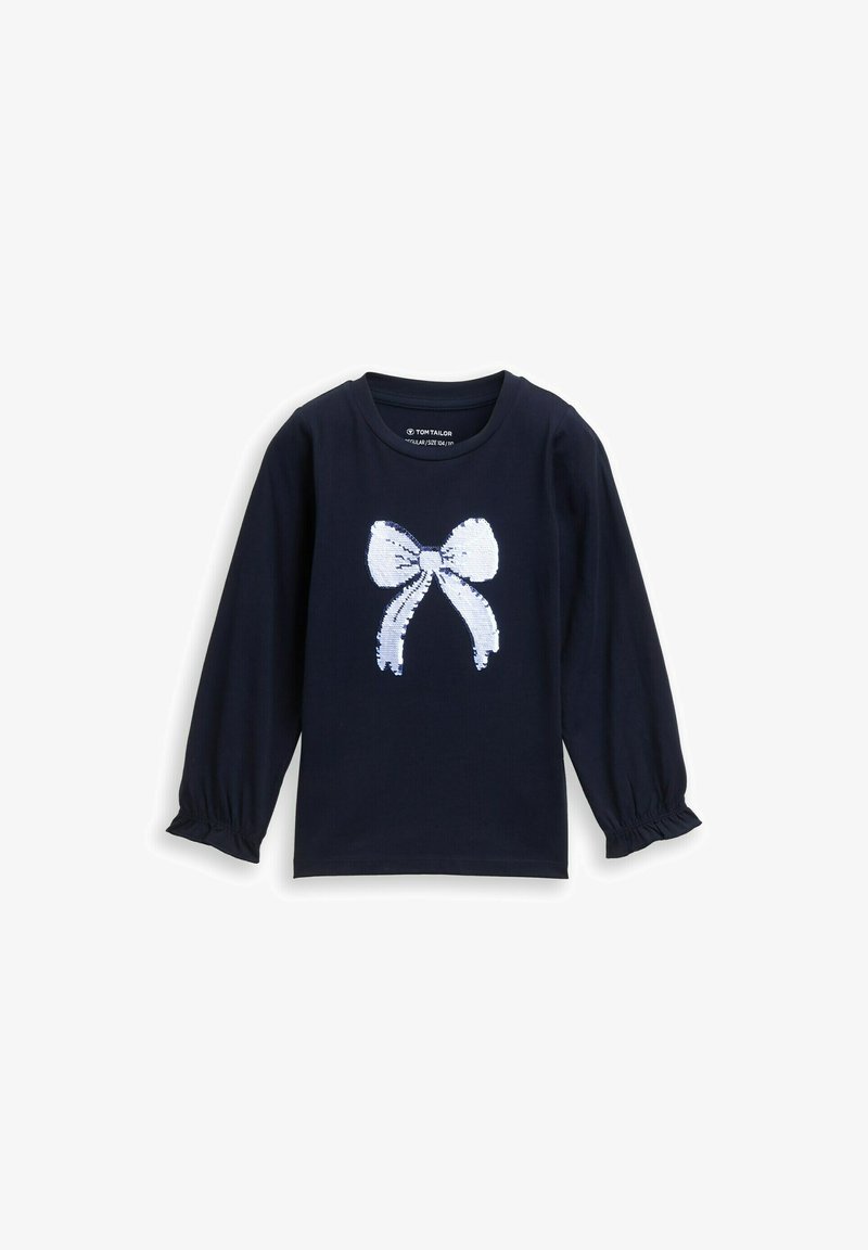 Marineblaues Langarmshirt mit einem weißen Paillettenbogen-Design auf der Vorderseite; weicher Stoff mit gerafften Ärmeln an den Handgelenken.