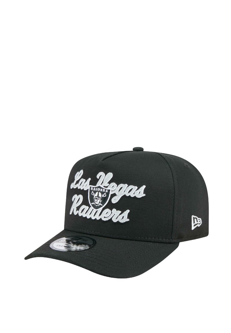 Black cap with a flat brim features embroidered "Las Vegas Raiders" text and logo in white. Made of fabric with a smooth texture.