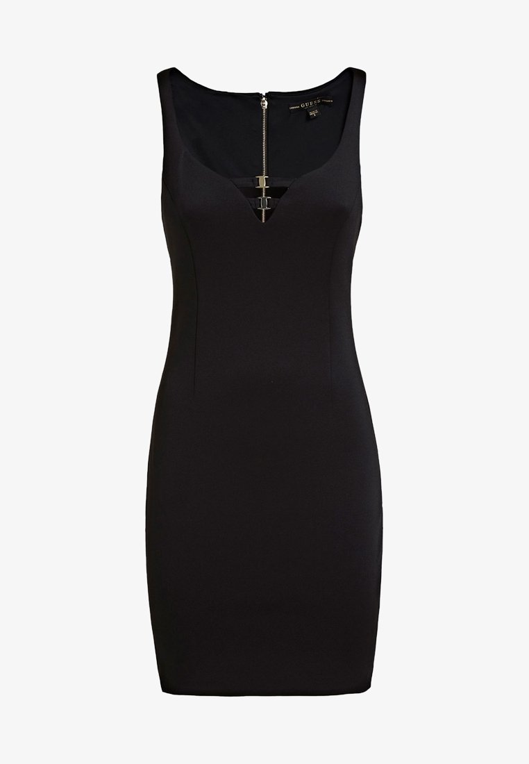 Robe moulante noire sans manches avec encolure dégagée, fermeture éclair à l'avant et deux accents horizontaux à bretelles sur la poitrine.