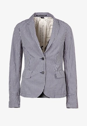 Donkerblauwe en witte geruite dames blazer met twee knopen, klepzakken en een lichte stippenvoering.