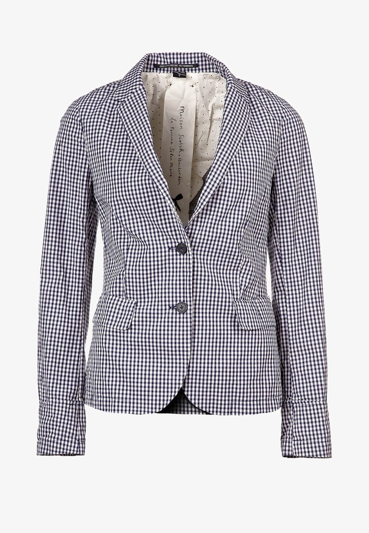 Blazer da donna a scacchi blu navy e bianco con due bottoni, tasche a falda e fodera interna a pois chiari.