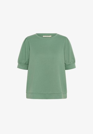 Zielony krótki rękaw top z miękkiego materiału, okrągłym dekoltem, bufkami na rękawach i luźnym krojem. Posiada prosty dół.