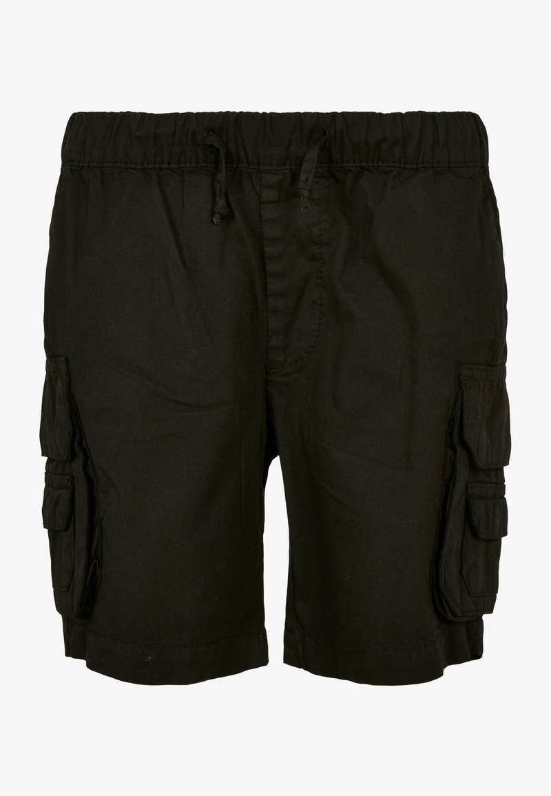 Melni cargo šorti, izgatavoti no viegla auduma, ar elastīgu jostu un auklu, kā arī divām lielām sānu kabatām.