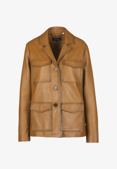 Brown leather jacket featuring a collar, front button closure, and two large chest pockets. Smooth texture with a tailored fit.