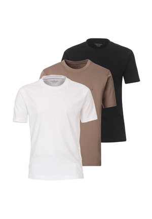 Tre t-shirt a maniche corte in bianco, marrone e nero. Realizzate in cotone morbido, presentano un classico design con colletto rotondo e un logo discreto sul petto.