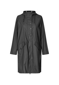 Cappotto impermeabile nero con cappuccio, chiusura frontale con zip e bottoni a pressione. Presenta due tasche laterali e un design comodo. Tessuto liscio.