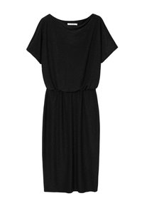 Rochie neagră dintr-o țesătură lucioasă și texturată. Are mâneci scurte, o croială lejeră și un talie strânsă pentru formă. Design simplu și versatil.