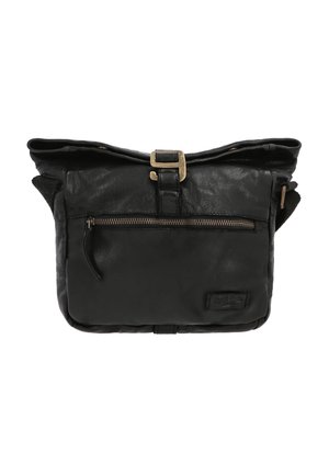 Borsa a tracolla in pelle nera con tasca frontale con cerniera, tracolla regolabile e chiusura con fibbia in ottone sulla parte superiore.