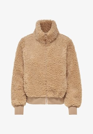 Beige gekürzte Fleecejacke mit Reißverschluss vorne, hohem Kragen, gerippten Bündchen und Saum, mit einer weichen, lockigen Textur.