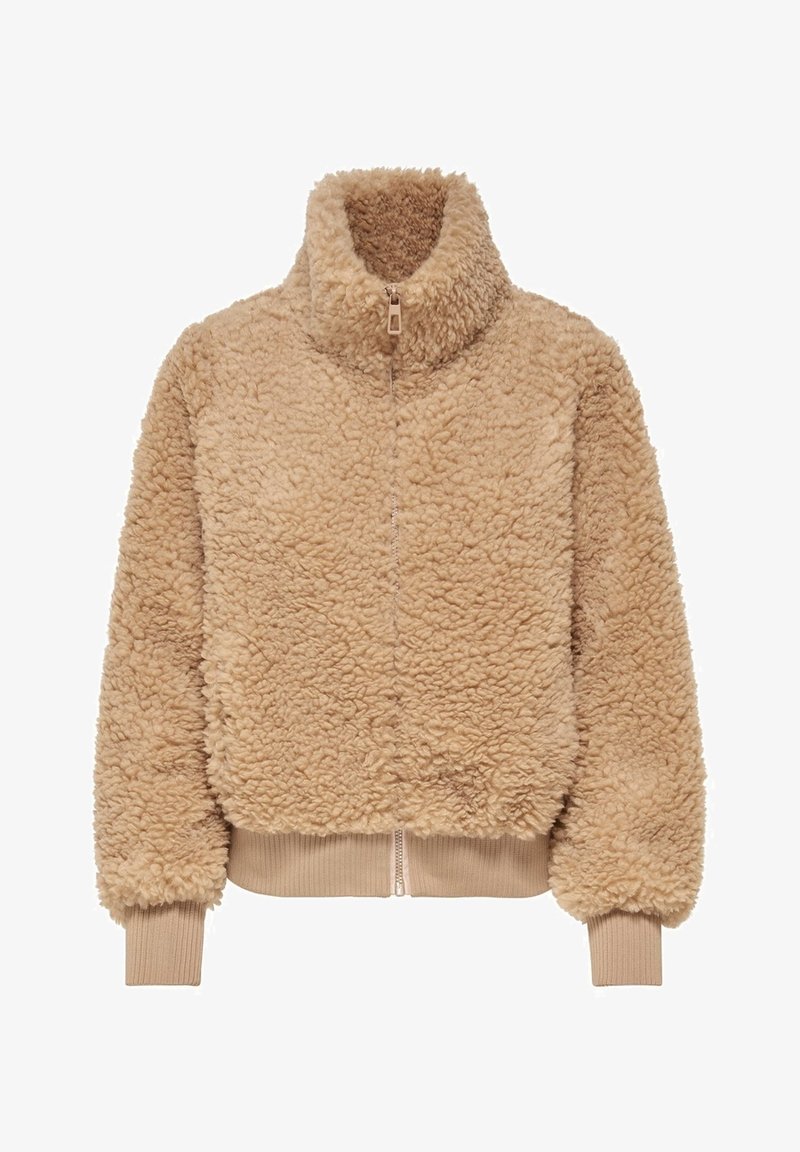 Veste en polaire beige courte avec fermeture éclair sur le devant, col haut, poignets et ourlet côtelés, présentant une texture douce et bouclée.