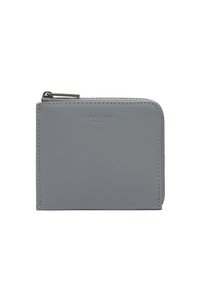 Szary skórzany portfel z zamknięciem na zamek, o gładkiej fakturze i wytłoczonym logotypie "LIEBESKIND" z przodu. Kompaktowy design.