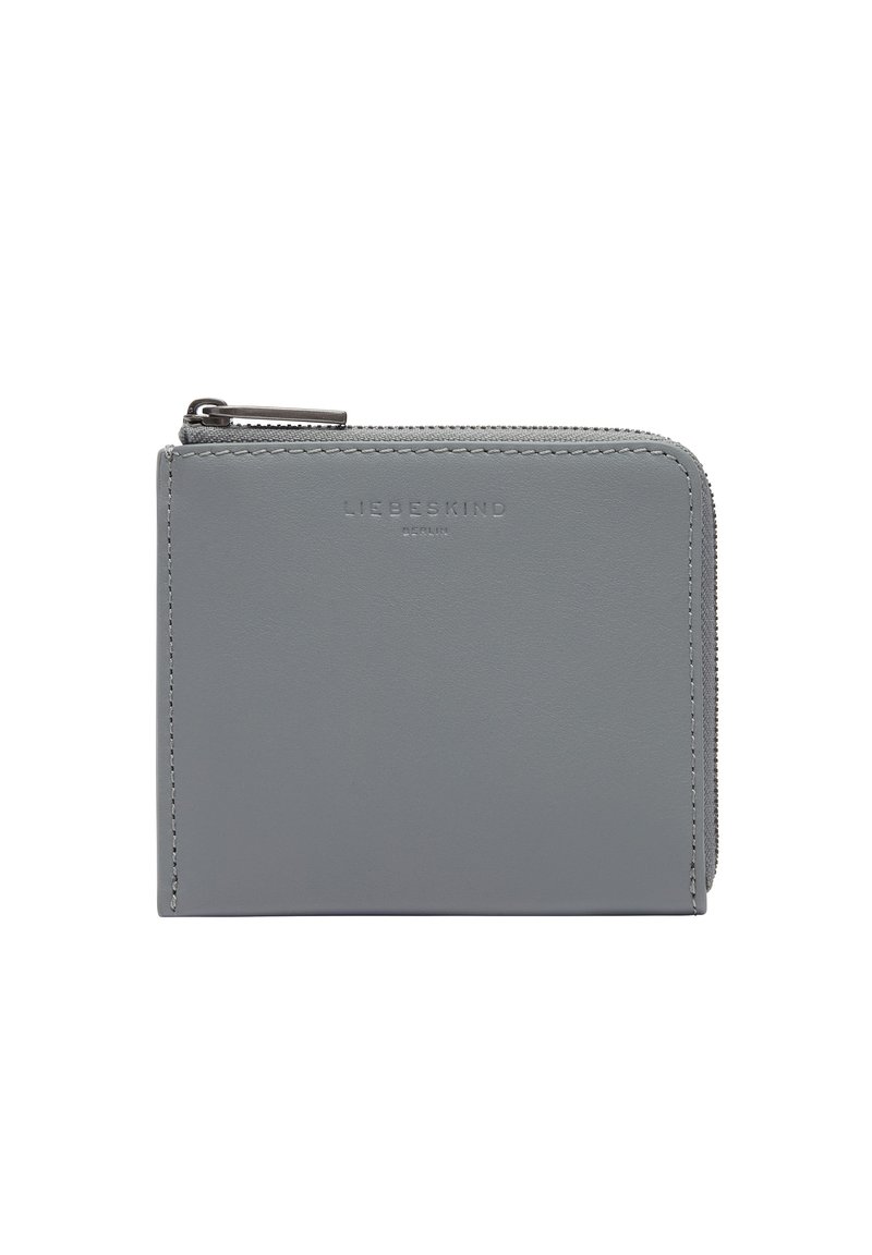 Szary skórzany portfel z zamknięciem na zamek, o gładkiej fakturze i wytłoczonym logotypie "LIEBESKIND" z przodu. Kompaktowy design.