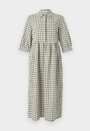 Robe longue à boutons faite de tissu vichy vert et blanc. Dotée d'un col, de manches trois-quarts et d'une taille froncée.