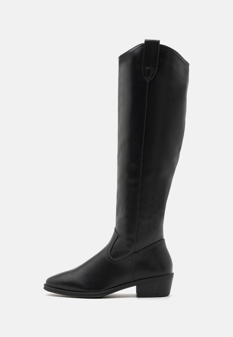 Black knee-high boots made of smooth synthetic material, featuring a rounded toe, low block heel, and side elastic panel for easy wear.