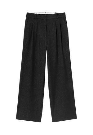 Pantalon noir à jambes larges en tissu texturé avec fines rayures, plis à l'avant et ceinture avec passants pour ceinture.