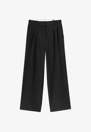 Pantalon noir à jambes larges en tissu texturé avec fines rayures, plis à l'avant et ceinture avec passants pour ceinture.