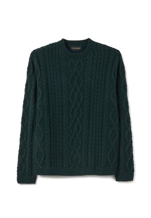 Suéter verde oscuro de punto grueso con cuello redondo, que presenta patrones texturizados y puños y dobladillo acanalados, hecho de un material grueso y acogedor.