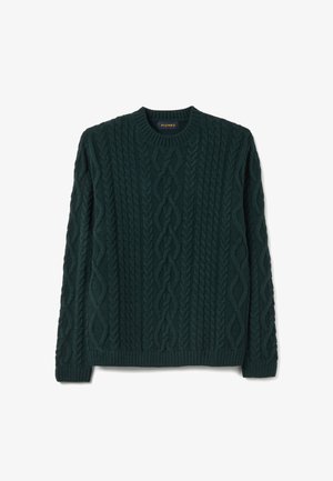 Suéter verde oscuro de punto grueso con cuello redondo, que presenta patrones texturizados y puños y dobladillo acanalados, hecho de un material grueso y acogedor.