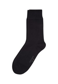 Schwarze Knöchelsocken aus glattem Material mit einem gerippten Bündchen. Mit verstärktem Fersen- und Zehenbereich, in den Größen 39-42, mit aufgedrucktem Markenzeichen.