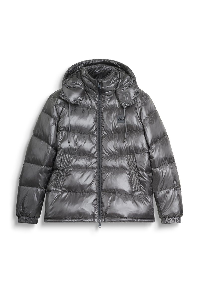 Sjajna tamno siva puffer jakna s odvojivom kapuljačom, prednjim patentnim zatvaračem, elastičnim manžetama i dva prednja džepa s poklopcem na dugme.