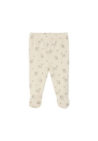Beige Baby-Leggings mit einem elastischen Bund, mit einem wiederholten Muster aus Eichhörnchen und Eicheln, aus weichem Baumwollstoff gefertigt.