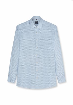 Hellblaues Herren-Langarmhemd mit kleinem dunkelblauem geometrischem Muster, verbreitetem Kragen und weißen Knöpfen.