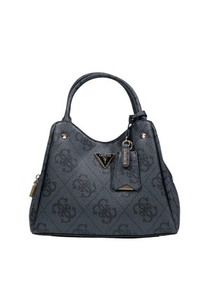 Borsa Guess nera con texture, doppio manico, motivo logo in rilievo, piastra triangolare in metallo con logo e etichetta appesa con dettagli in metallo.