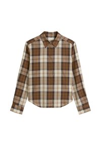 Chemise à manches longues à carreaux bruns avec col. Présente un mélange de carrés de brun clair et foncé, de crème et de gris. Boutonnage devant avec ourlet arrondi.