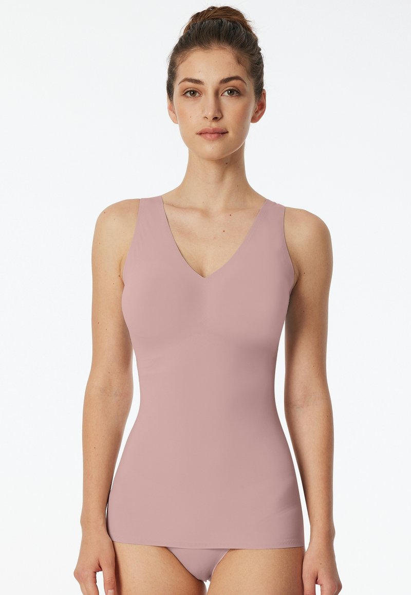 V-neck pink swim top with wide straps. Smooth texture and fitted design, paired with matching bikini bottoms.