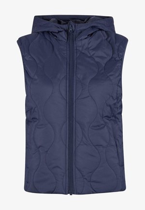 Mørkeblå ærmeløs vest med et kviltet bølgemønster, fuld frontlynlås og hætte. Fremstillet af letvægtigt, polstret materiale.