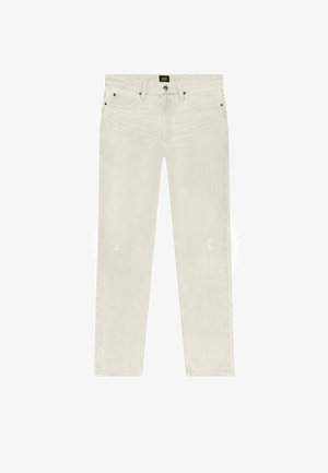 Jeans in denim bianco con una vestibilità dritta, dotati di un classico design a cinque tasche, aree sbiadite distinte e minimi dettagli di usura.
