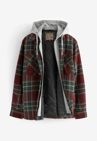 Veste à carreaux marron et vert avec capuche grise, doublure intérieure matelassée noire, poches avant et fermeture éclair, taille moyenne.