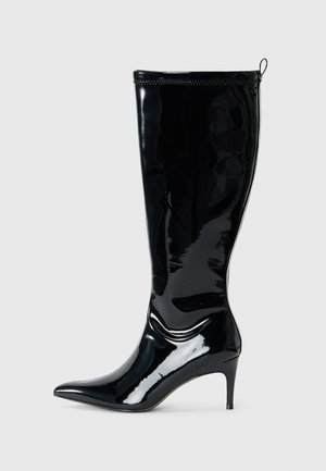 Black patent leather knee-high boot with a pointed toe and a slim high heel. Features a rear zipper and smooth, glossy texture.