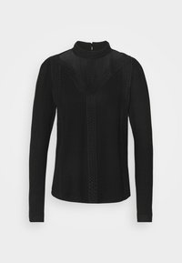 Svart långärmad topp med hög krage, strukturerad spetsdetaljer längs sömmarna och en smal silhuett med synliga sömnadsdetaljer.