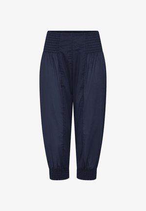 Marineblå korte bukser med bred elastisk smocket talje og ankellukkere, løstsiddende tilspidsede ben, glat stoftekstur.