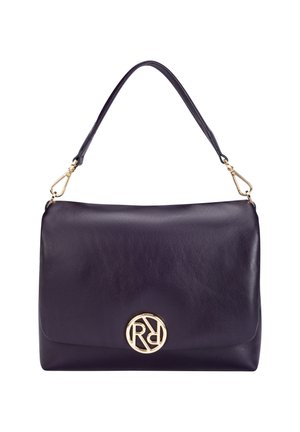 Purple leather handbag with a smooth texture, featuring a gold logo accent, a short shoulder strap, and a magnetic flap closure.