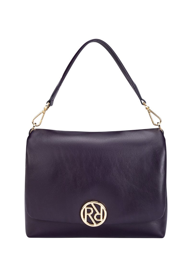 Purple leather handbag with a smooth texture, featuring a gold logo accent, a short shoulder strap, and a magnetic flap closure.