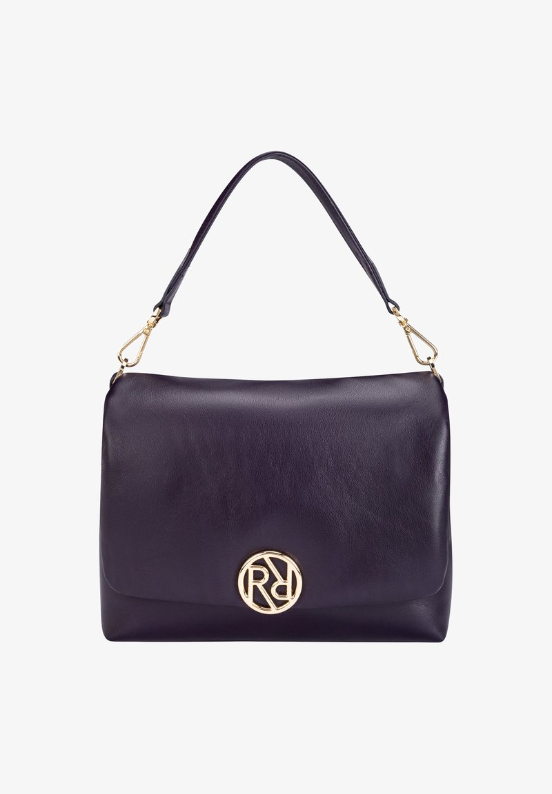 Purple leather handbag with a smooth texture, featuring a gold logo accent, a short shoulder strap, and a magnetic flap closure.