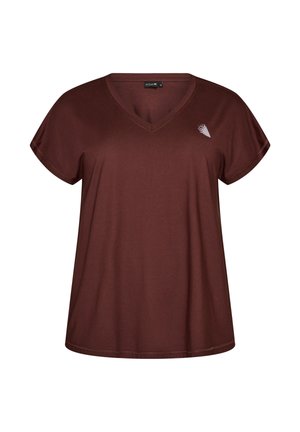 Donkerbruine T-shirt met korte mouwen en V-hals met een klein wit abstract logo op de bovenste linkerborst, voorkant op een witte achtergrond.